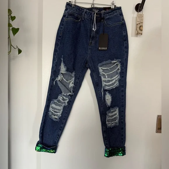 Fashion Nova Blue Distressed Skinny Jeans with Sequin Cuffs 💚🍀☘️ - Picture 4 of 7